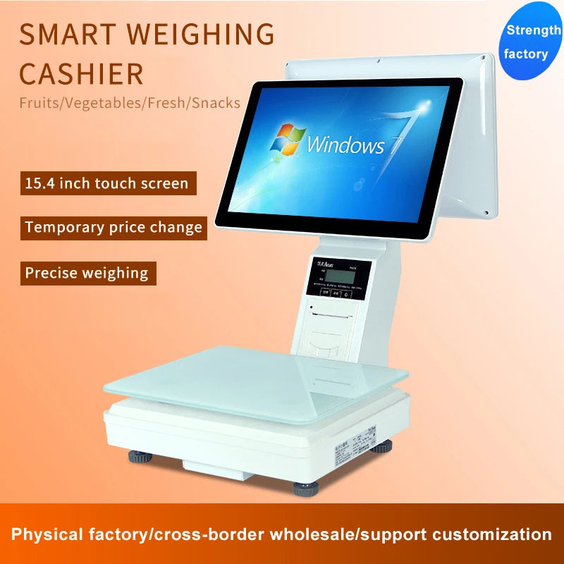 15.4 Inch 15kg Restaurant Pos System Electronic Digital Weighing Scales POS All in One With Barcode Sticker Printer