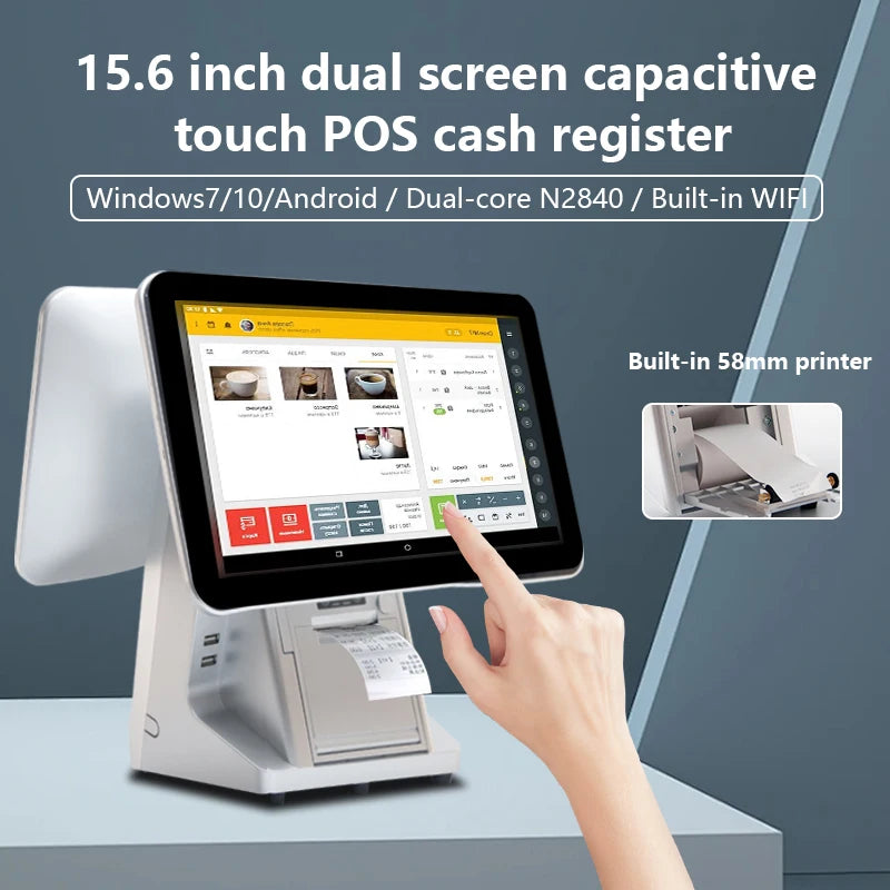 Hot Sale 15.6 Inch Dual Screen Capacitive Monitor POS Touch Cash Register All-in-one PC Business Pos Machine with Printer