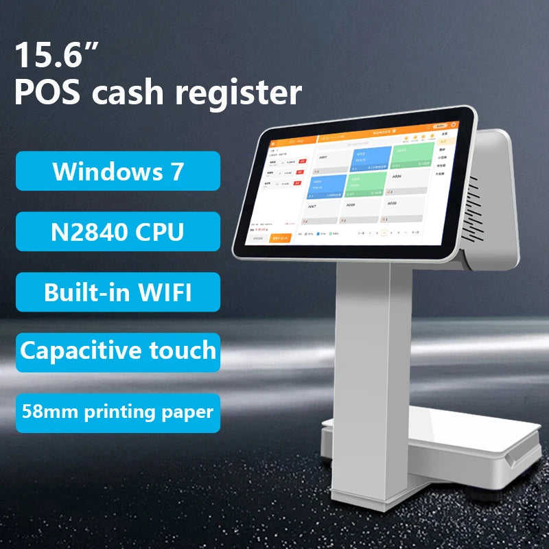Win7/10/Android Ten-point Touch Screen POS All In One 15.6inch+14inch Cash Registers For Restaurants Market