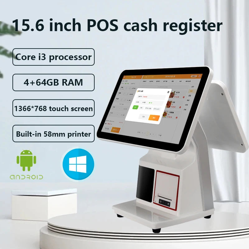 15.6 Inch Dual Display Android All in One POS System Touch Screen Cash Register Machine Terminal NFC QR Printer Scanner Hardware