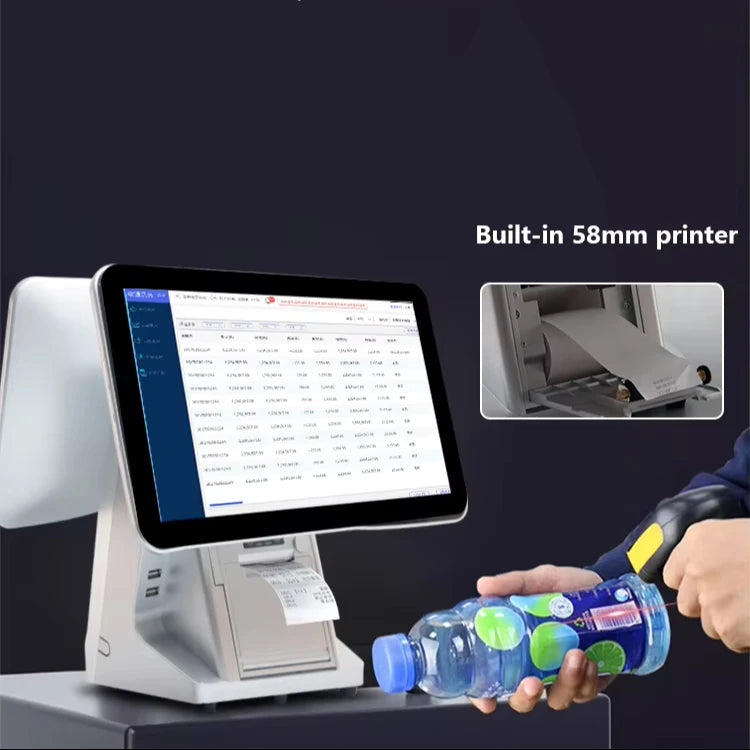 15.6inch Dual Screen  POS Terminal Android System All in One  Cash Register Machine Built in Scanner and Printer for Supermarket