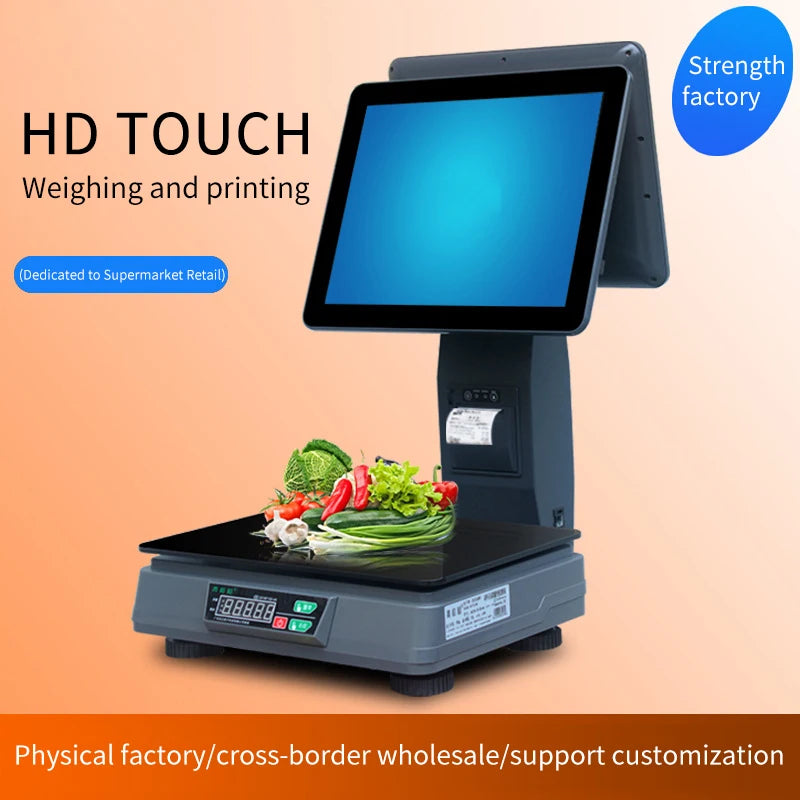 15 Inch +14 Inch Cheap Window Pos Scale Factory Full Flat Touch Screen Pos All in One With 15kg Weighing Scale Built-in Printer