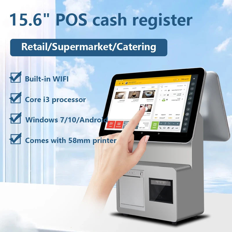 Catering Dual Touch Screen 15.6inch Pos System Desktop Tablet Pc Smart All in One Cashless Payment Cashier Machine