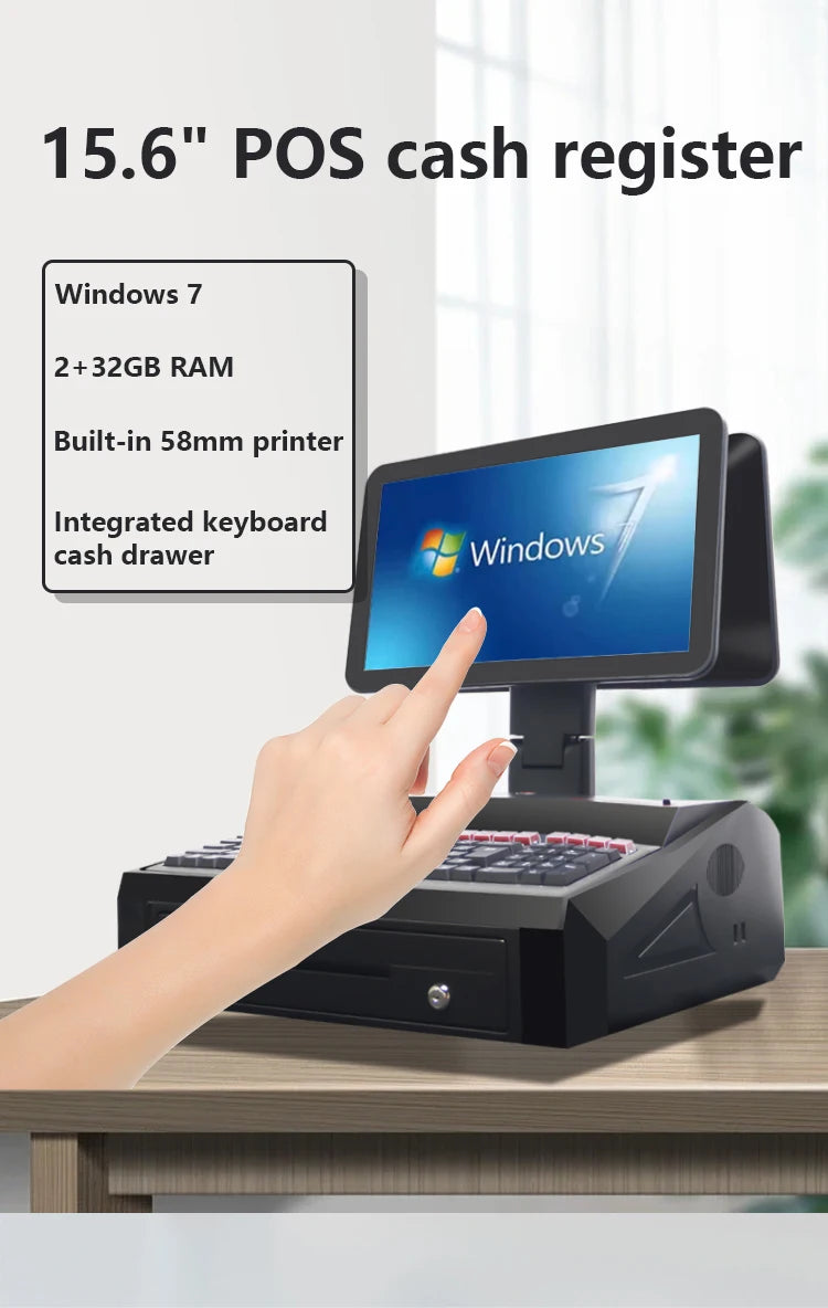 15.6Inch Dual Screen POS AIO N2840 CPU Win7 System POS Cash Register Machine Built-In Ticket Printer/Cash Drawer/Keyboard