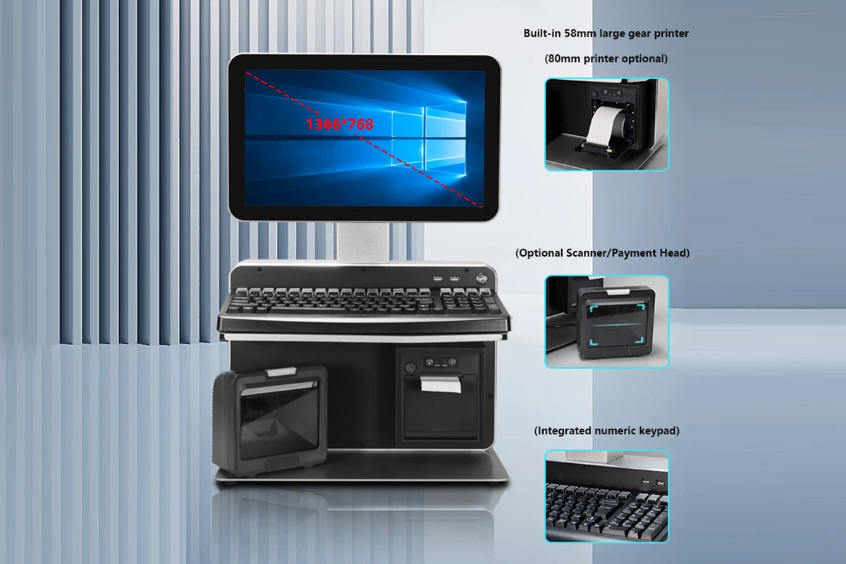 Win7 Pos 14 Inch Capacitive 10-point POS Terminal Touch Screen POS Dual Screen All in One Computer With 58mm Printer
