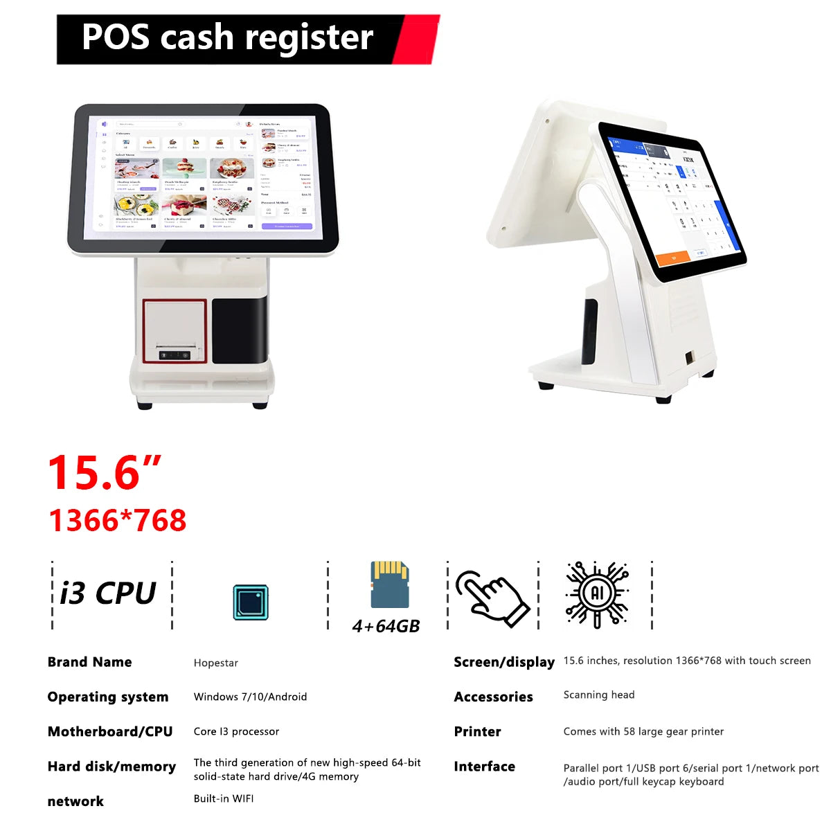 15.6 Inch Touch Screen Smart Digital All in One Capacitive Terminal Machine Supermarket Cash Register Payment Win7/10/11 Pos